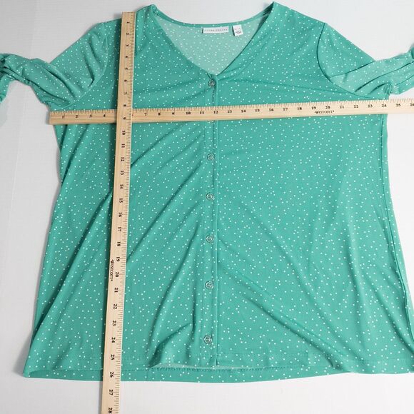 Susan Graver Printed Liquid Knit Button Front Shirt Womens XL Green Polka Dot - Picture 4 of 13